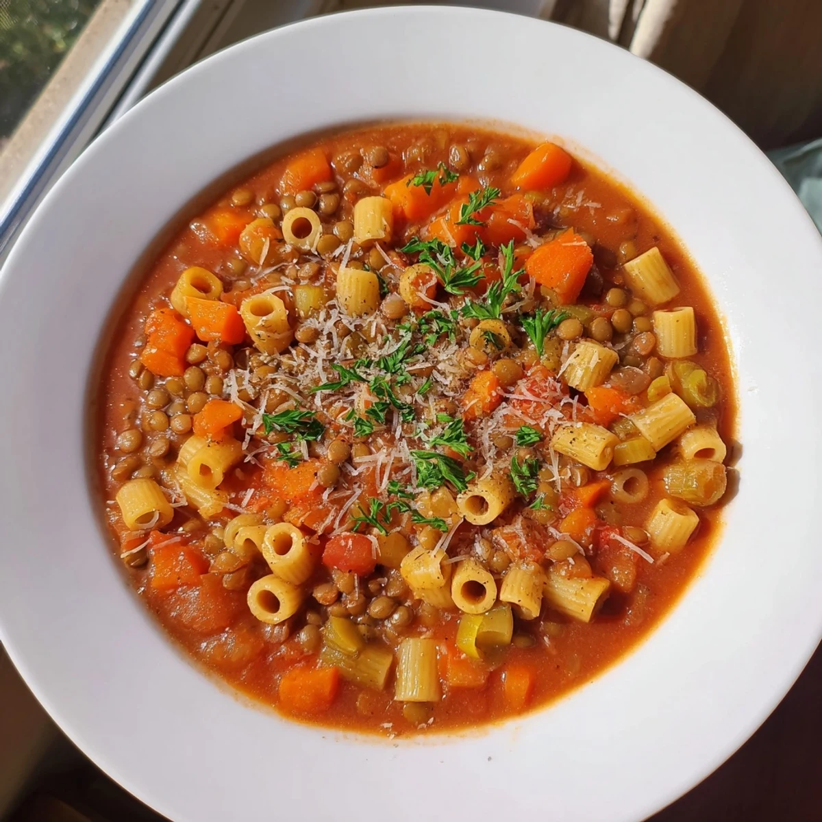 Savory Ditalini and Lentil Soup, garnished with fresh parsley, ready for a warm and flavorful dinner.