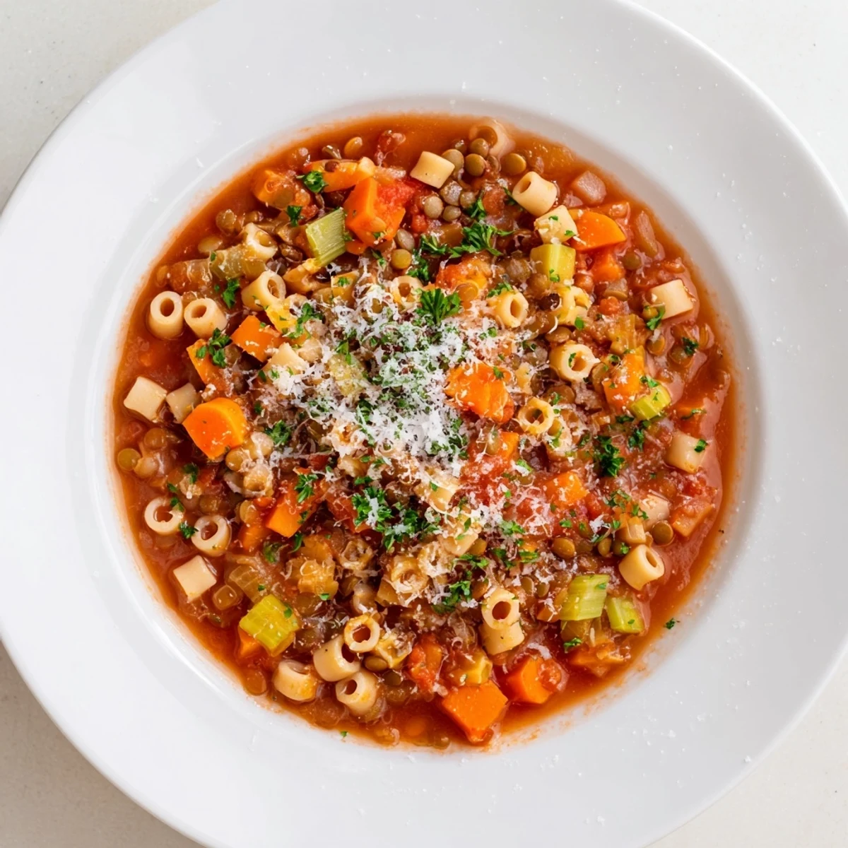 Steaming bowl of Ditalini and Lentil Soup, offering a hearty, comforting, vegetarian meal.