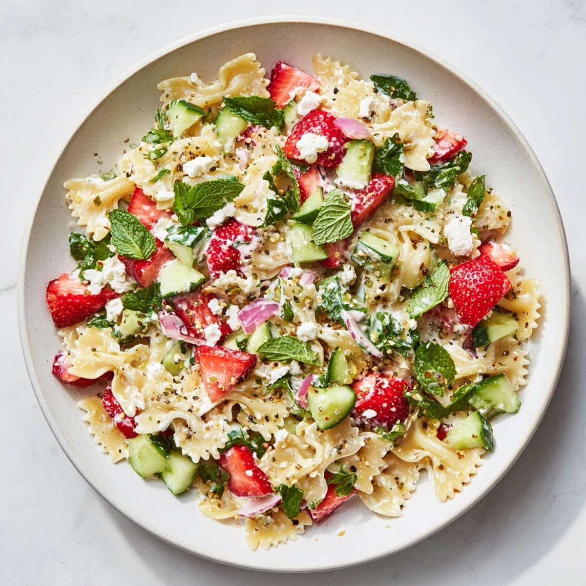 Chilled Strawberry Feta Pasta salad, a delightful mix of sweet berries and tangy flavors.