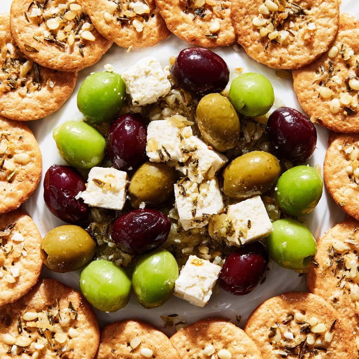Delicious Cobblestone Courtyard appetizer with perfectly arranged crackers and olives, ready to enjoy.