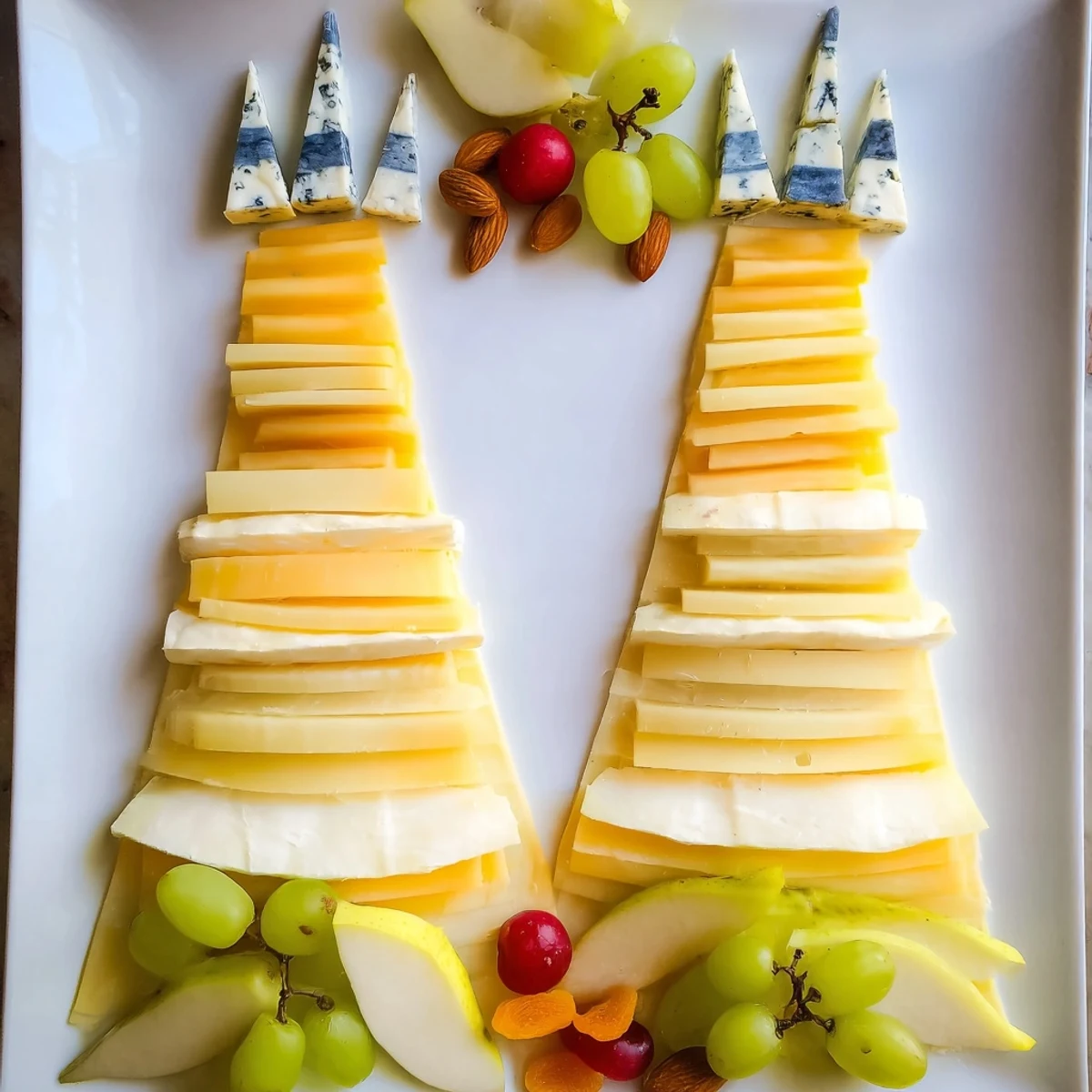 This beautiful Art Deco Arch Cheese Platter features tiered cheese fans with grapes, pear, and honey drizzles.