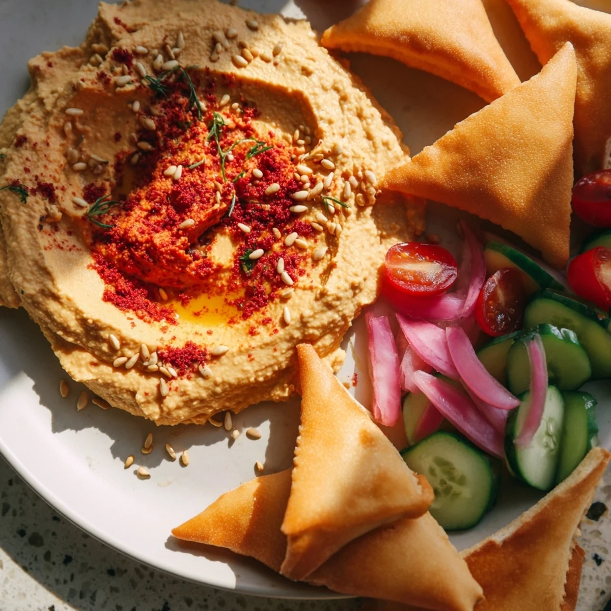Vibrant platter of The Moroccan Tent appetizer, featuring colorful veggies, warm flatbread, and dips.