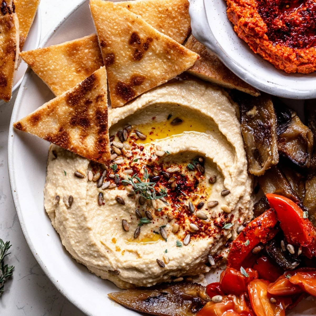 A colorful and delicious The Moroccan Tent appetizer, with spiced dips and fresh vegetable arrangement.