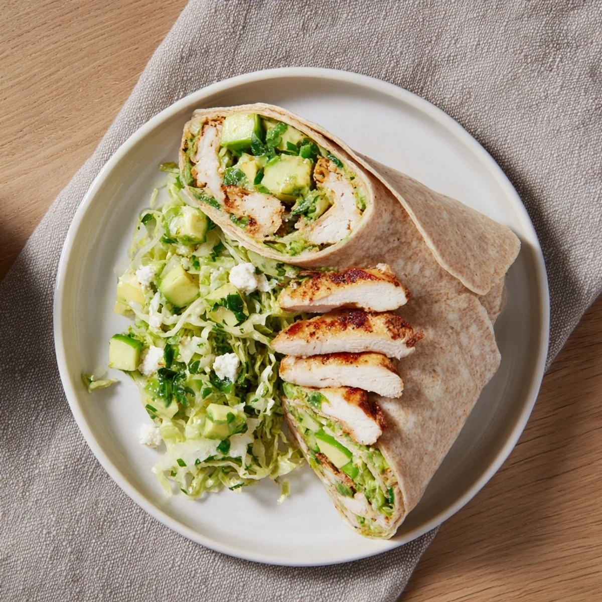 Close-up of a finished Green Goddess Chicken Wrap, showcasing the colorful filling and textures.