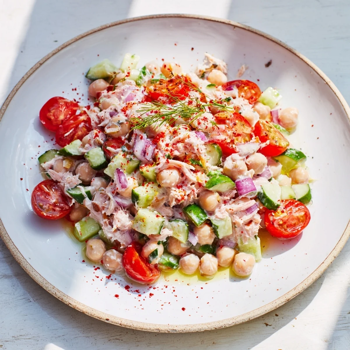 Creamy Dense Chickpea and Tuna Salad with chopped parsley and bright red onion for a flavorful lunch.