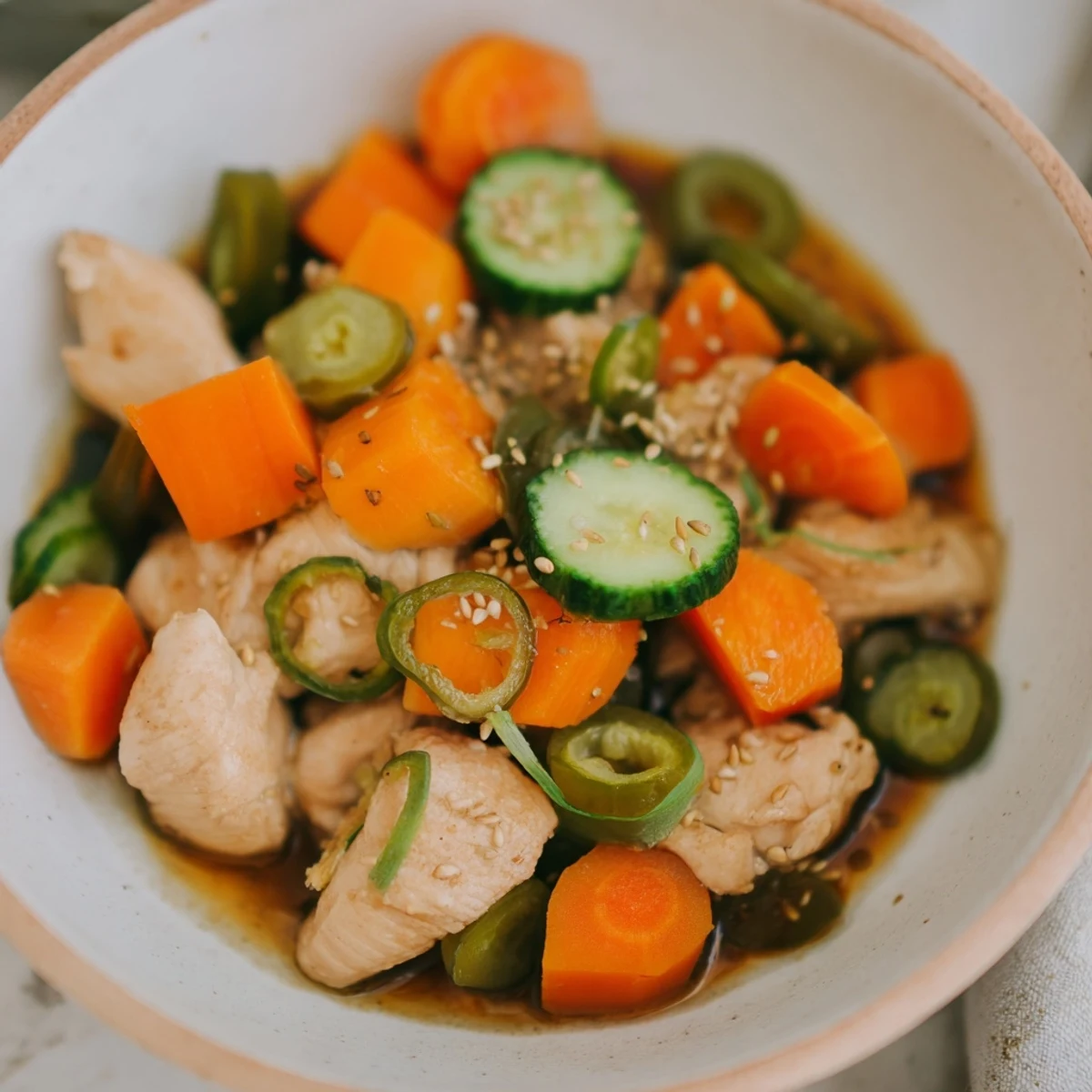 Vibrant Deli Container Shaker Chicken Salad shows layers of chicken, cucumber, and dressing, ready to shake.