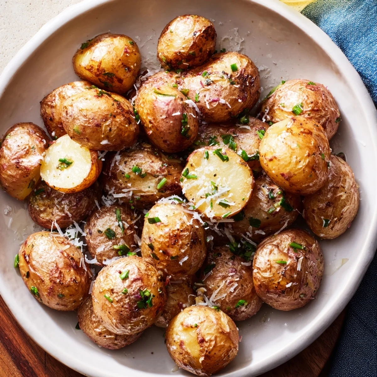 Hot, bubbly Parmesan smashed potatoes with a sprinkle of fresh parsley, ideal for dinner tonight.
