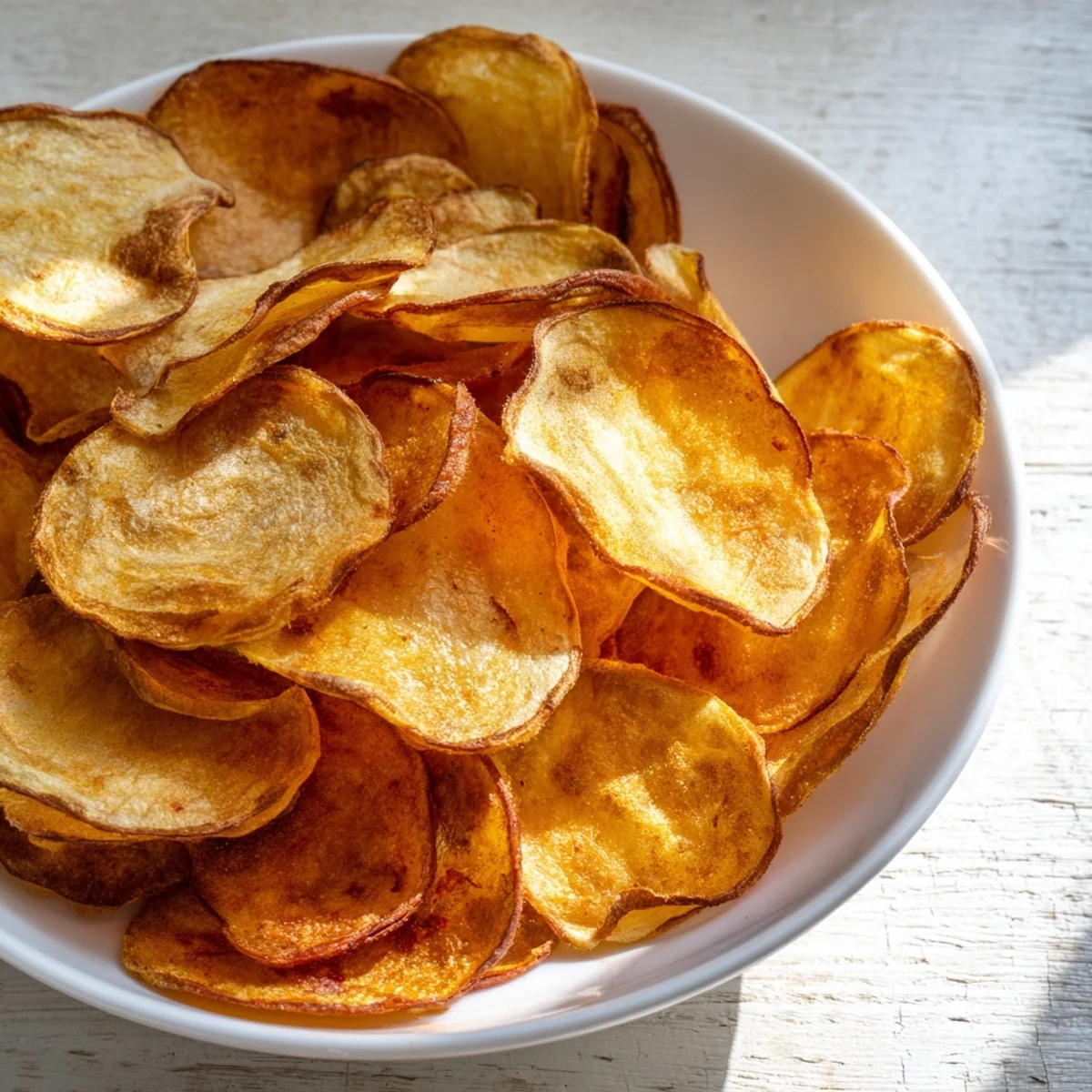 Golden, crispy Homemade Air-Fryer Potato Chips, perfectly seasoned and ready for snacking, air-fried to perfection.
