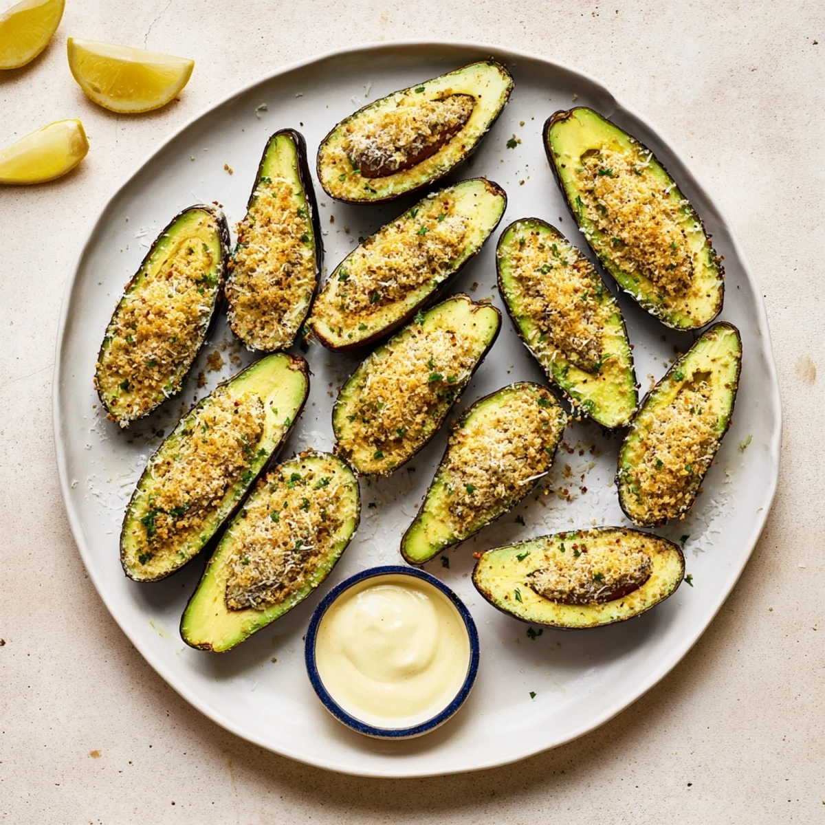 Golden-brown crispy baked avocado fries ready to be dipped and enjoyed as a delicious appetizer.
