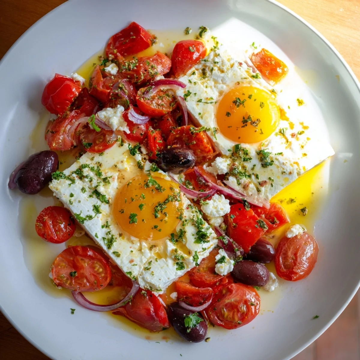 Golden-yolked eggs nestle within the vibrant tomatoes of this delicious Mediterranean Baked Feta & Eggs creation.