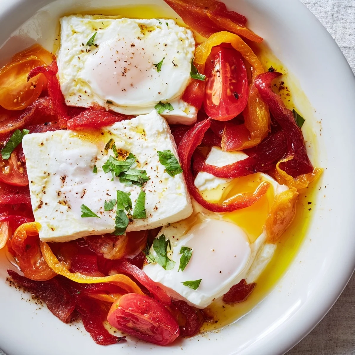 Mediterranean Baked Feta & Eggs featuring a bubbly, tomato-filled baking dish with a creamy feta cheese center.