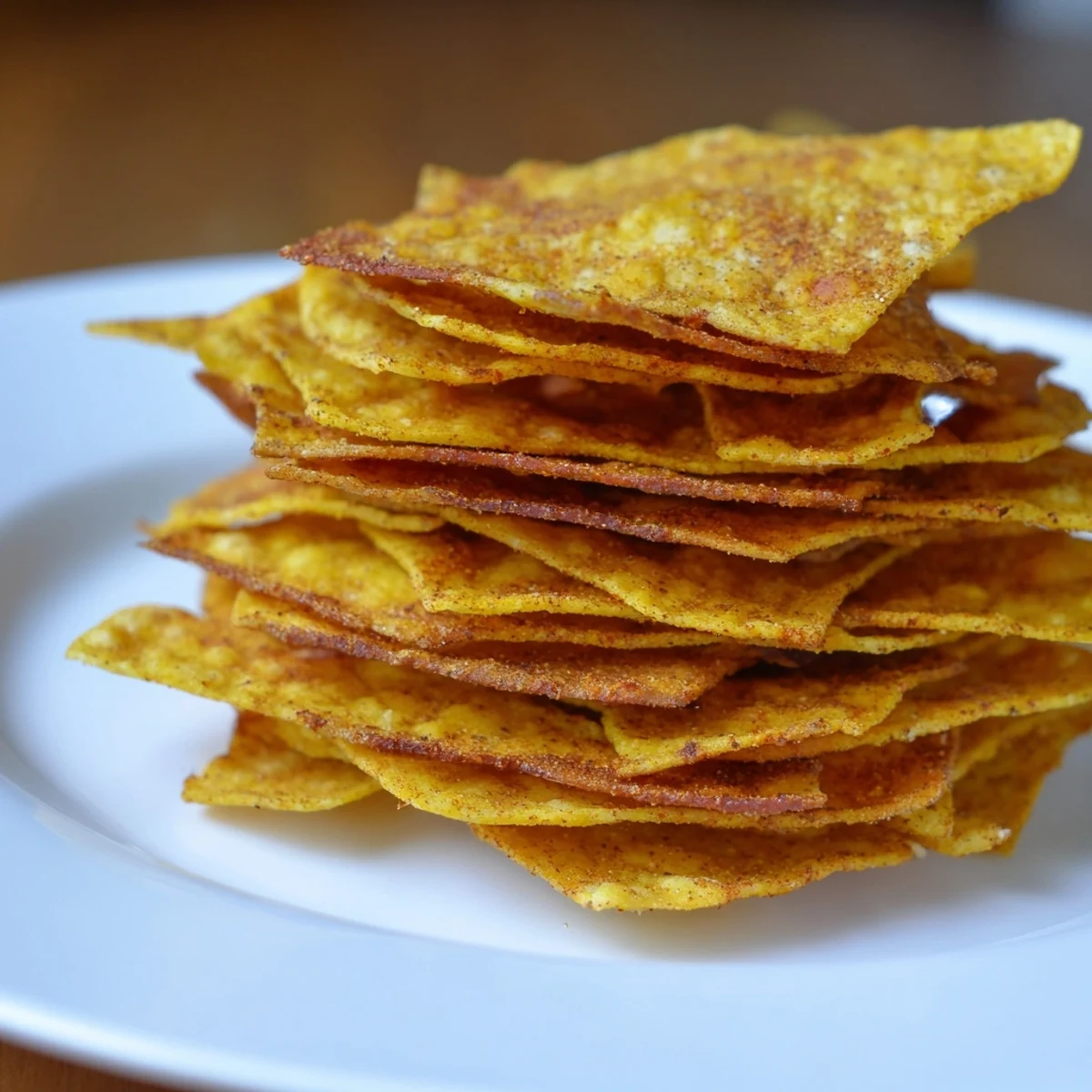 Golden, crispy Homemade Air-Fryer Tortilla Chips, perfect for scooping up fresh guacamole or salsa.