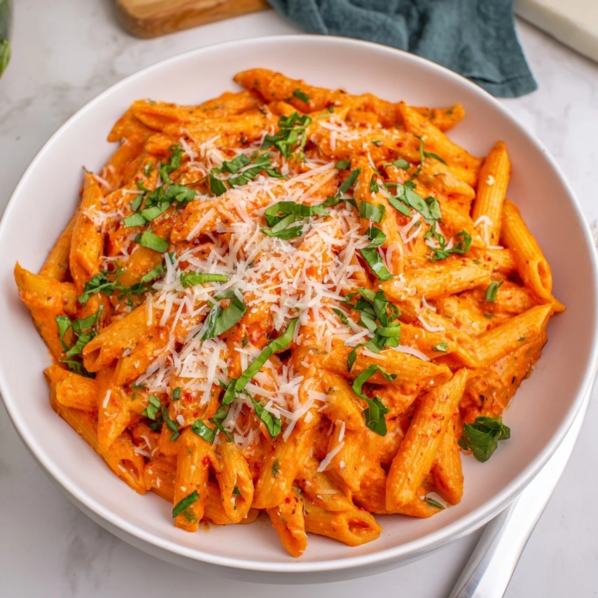Close-up of the finished Basil Garlic One-Pot Creamy Tomato Pasta, bubbling with a creamy, rich sauce.