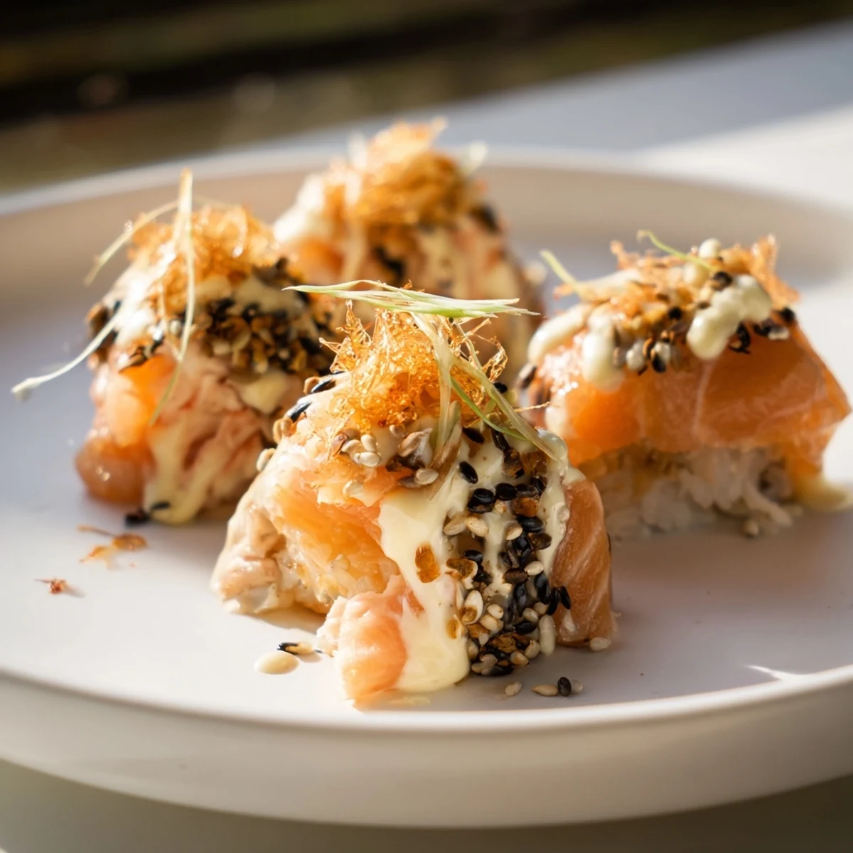 Golden-brown baked creamy salmon sushi bake with a comforting aroma, ready to serve with nori sheets.