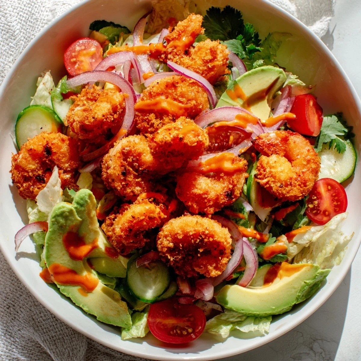 This Spicy Crispy Shrimp Salad features vibrant greens topped with perfectly fried shrimp and fresh toppings.
