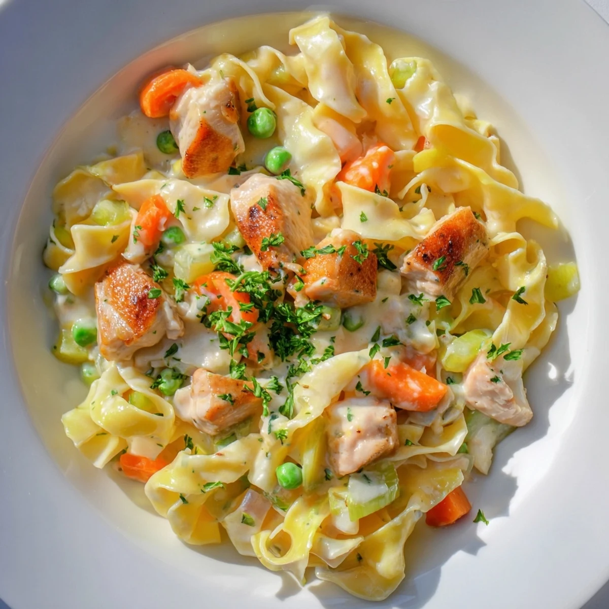 Steaming Creamy Chicken and Egg Noodles with herbs and tender chicken pieces in rich sauce.