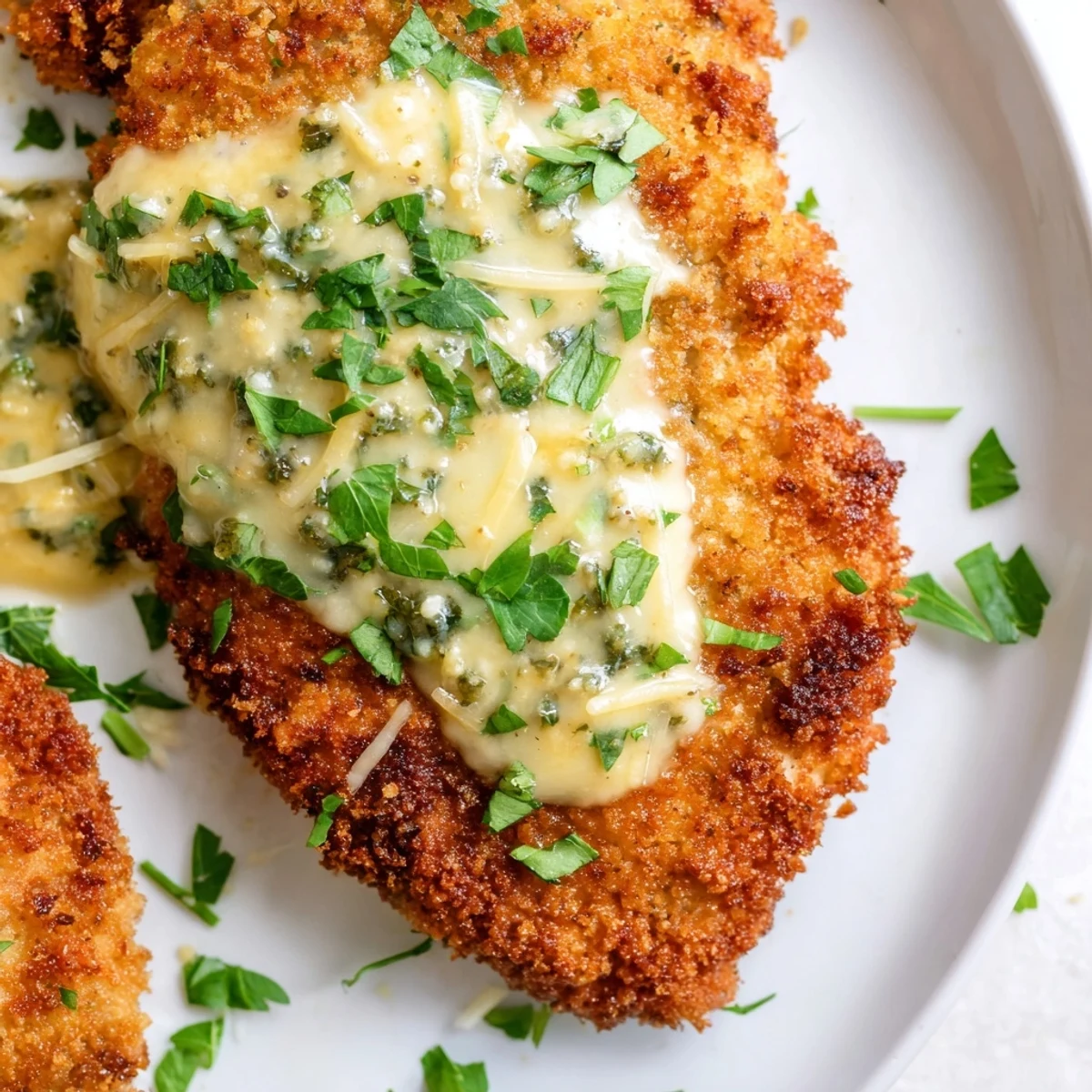 Golden, crispy chicken with garlic cream sauce, a savory dish ready to be served.