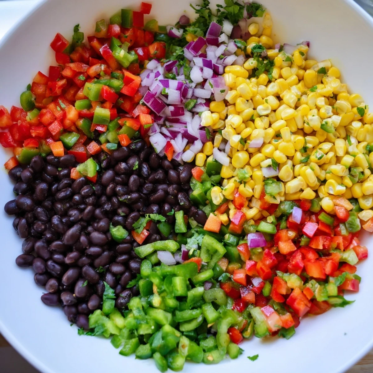 A close-up of a refreshing Cowboy Caviar Salad, showcasing black beans and sweet corn.