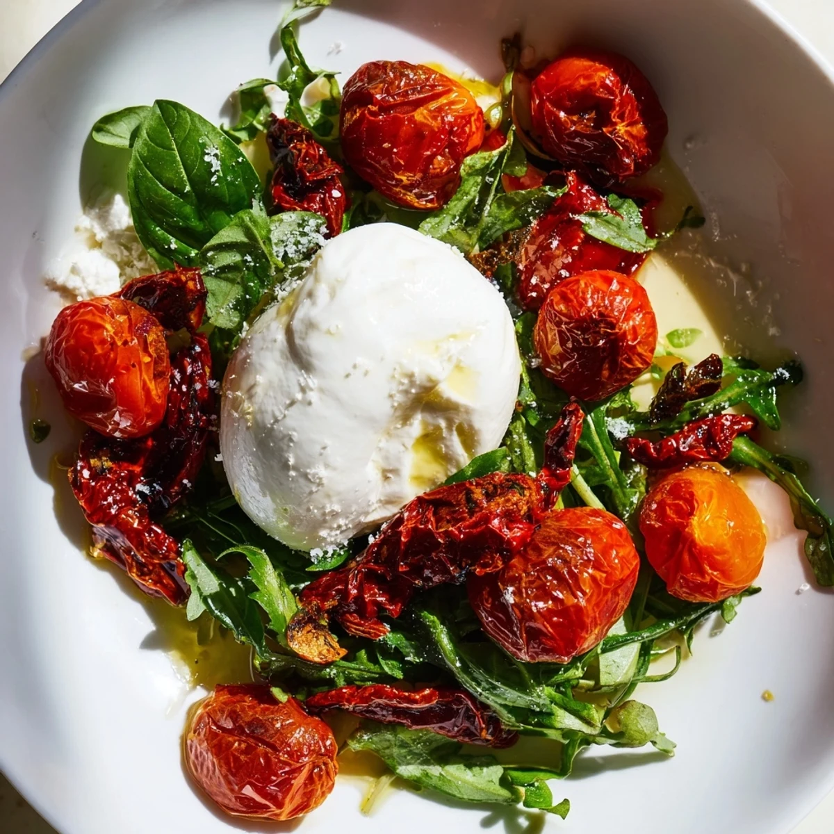 Tomato Flight Salad with vibrant roasted tomatoes, creamy burrata, and fresh basil, ready to enjoy.