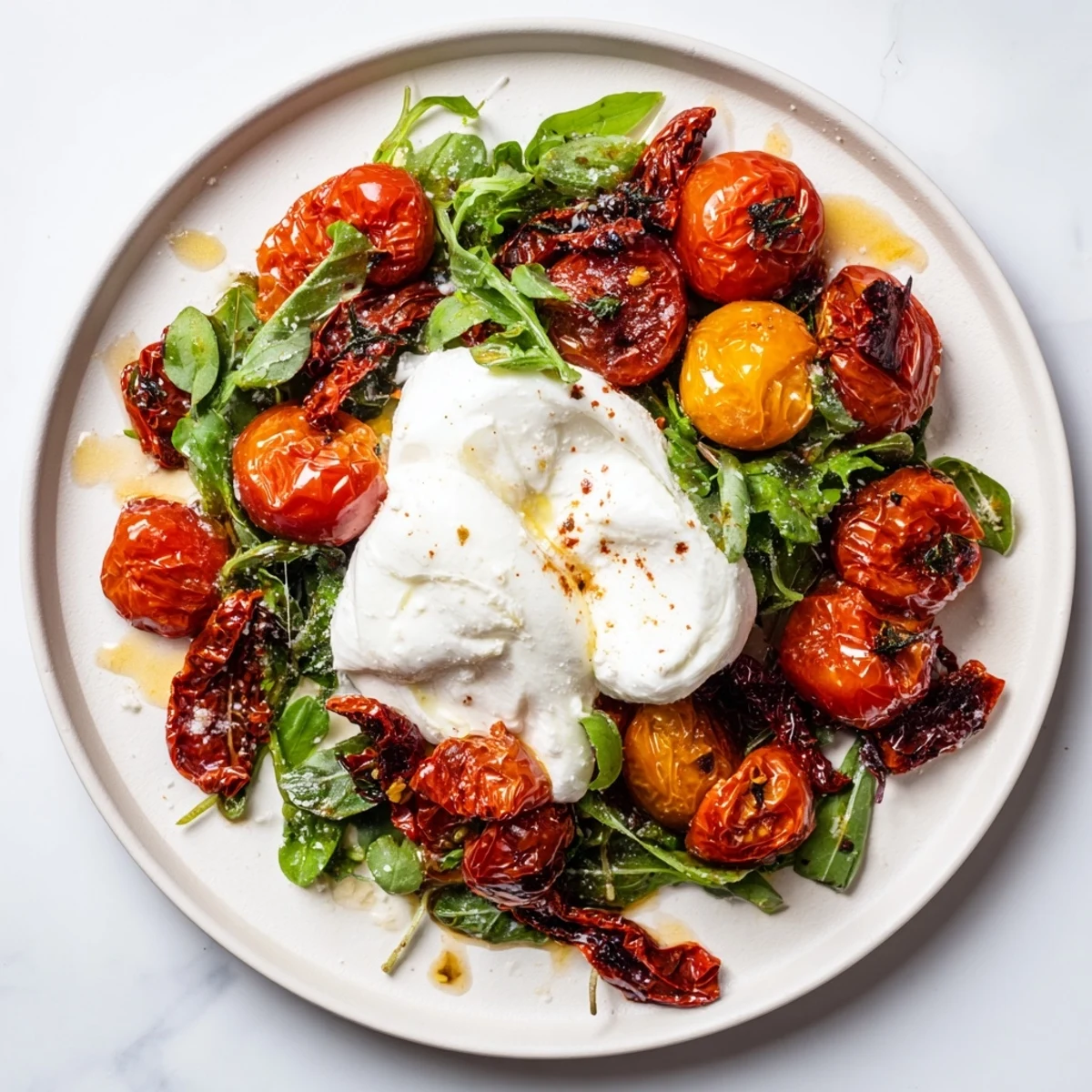 A beautiful view of the Tomato Flight Salad with fresh greens, burrata, and sun-dried tomatoes is here.