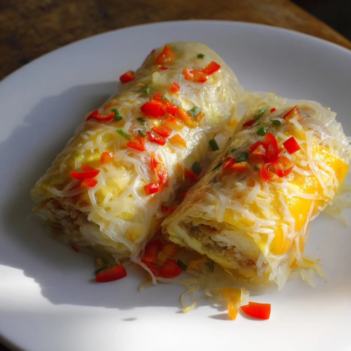 Enjoy a close-up of the delicious, savory Rice Paper Egg Cheese Wrap, filled with melty cheese.