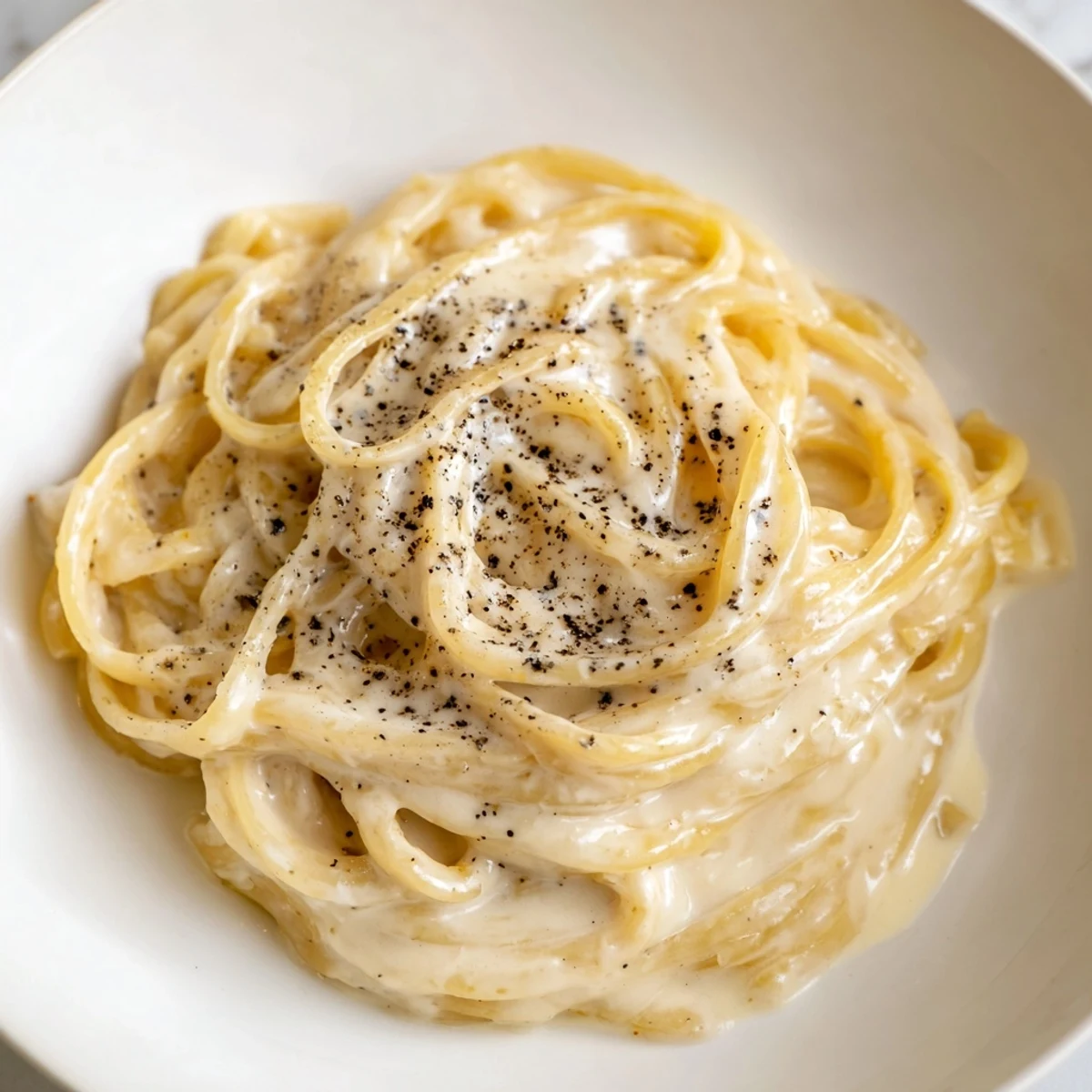A velvety swirl of Lazy Girl Three-Ingredient Pasta showing perfectly coated noodles, ready to eat.