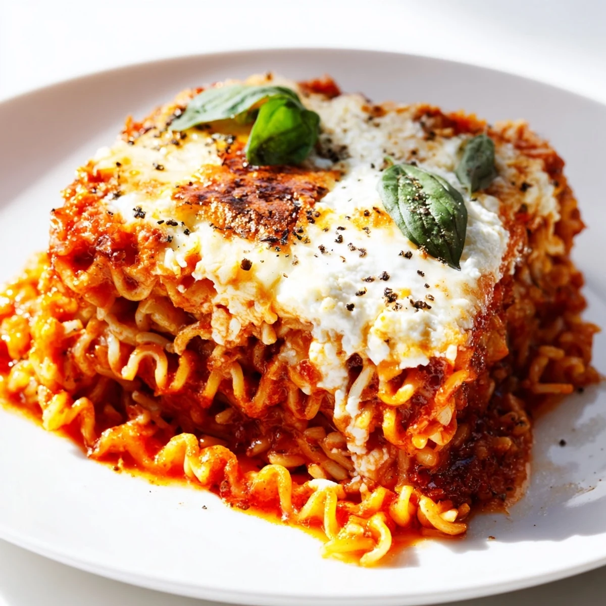 Ramen Lasagna bubbling in a baking dish, with melted mozzarella and golden crust, ready to serve.