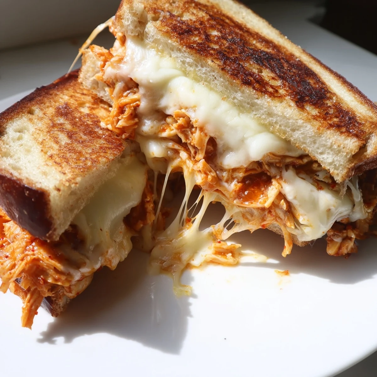 Golden, melted cheese oozes from this chili crisp honey chicken grilled cheese sandwich.