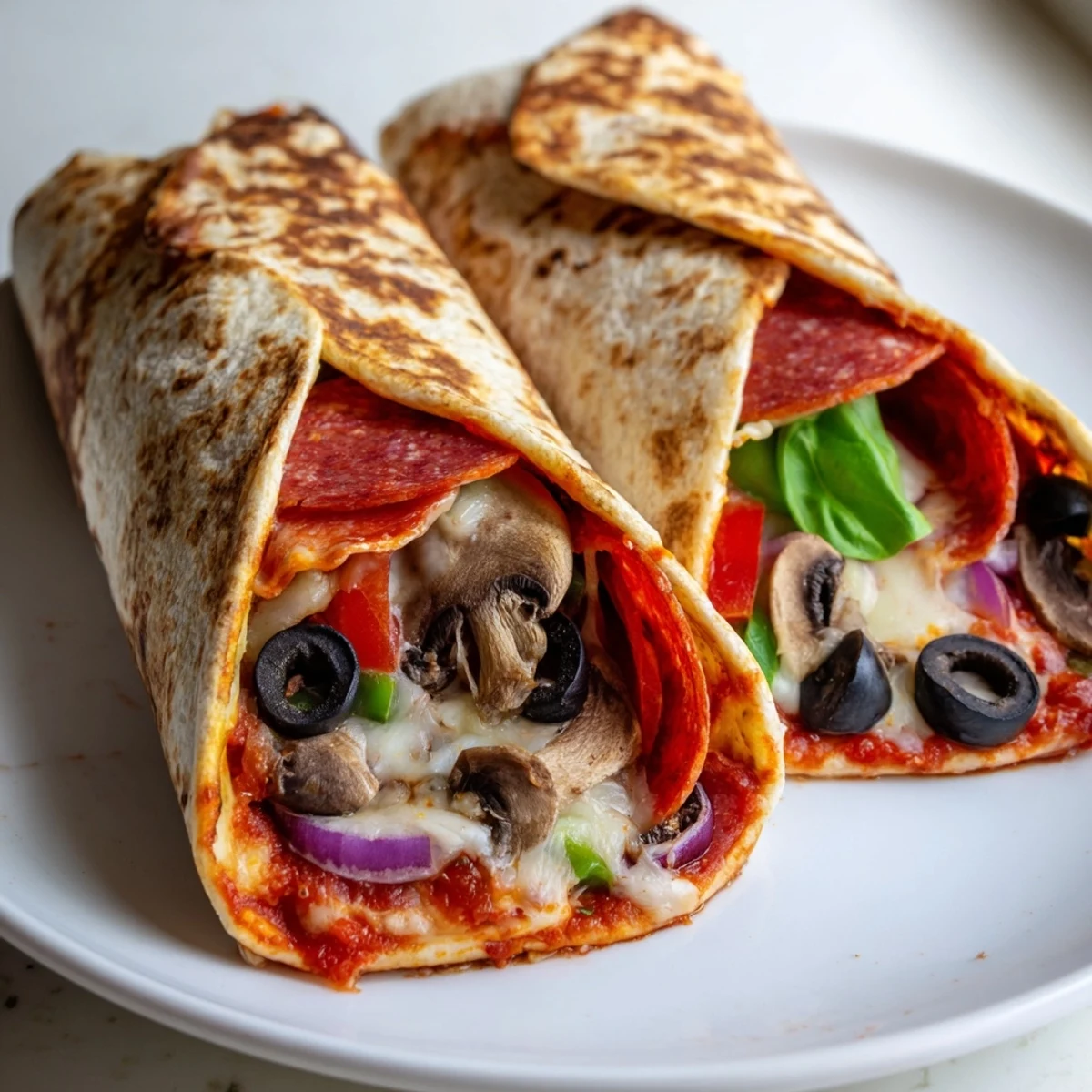 Golden-brown tortilla pizza wrap, filled with melted cheese and tasty pepperoni, ready to enjoy.