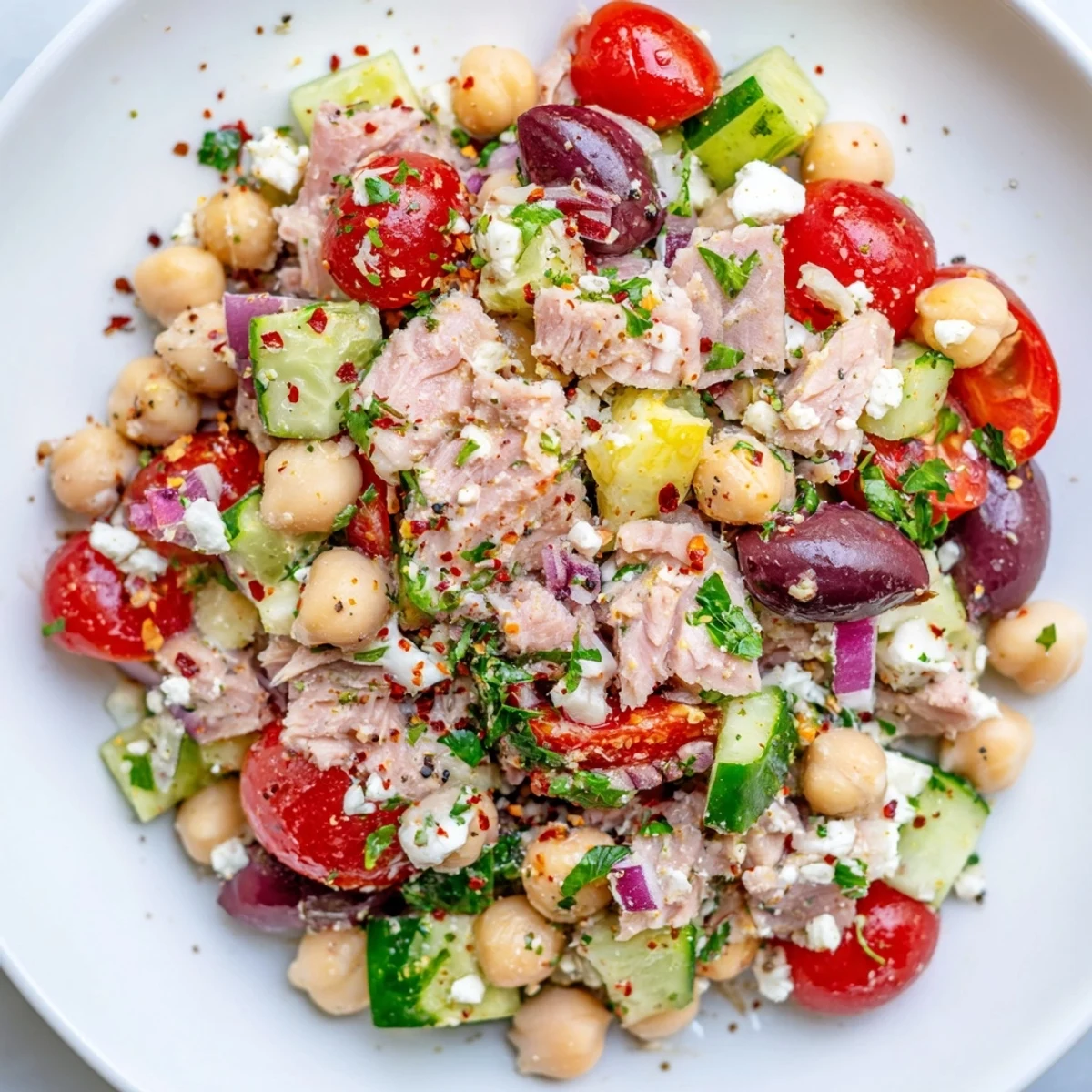 Tuna Chickpea Salad, bursting with fresh veggies and tangy dressing perfect for lunch.