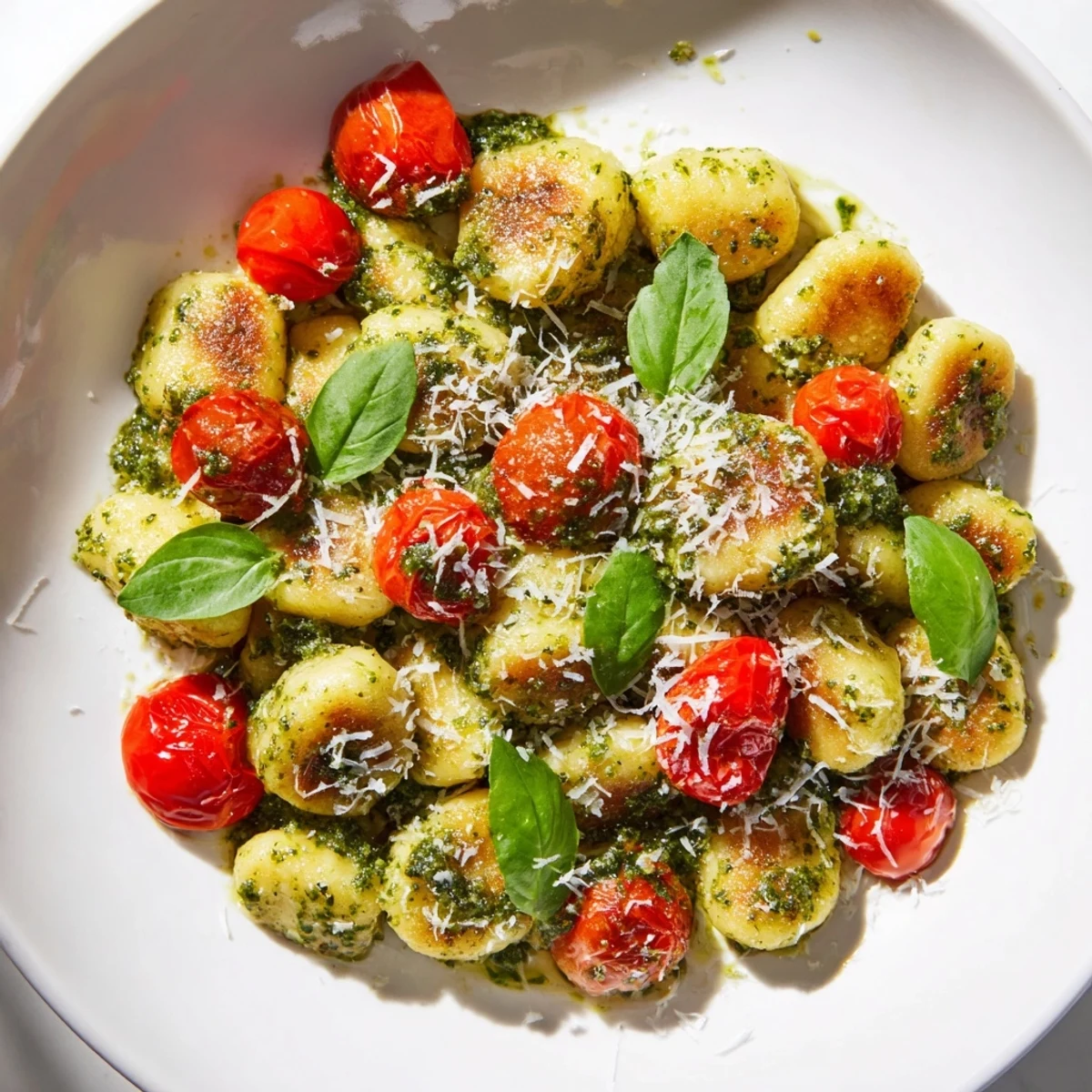 Golden, crispy gnocchi with pesto, cherry tomatoes, and Parmesan promise a delicious Italian meal for dinner.