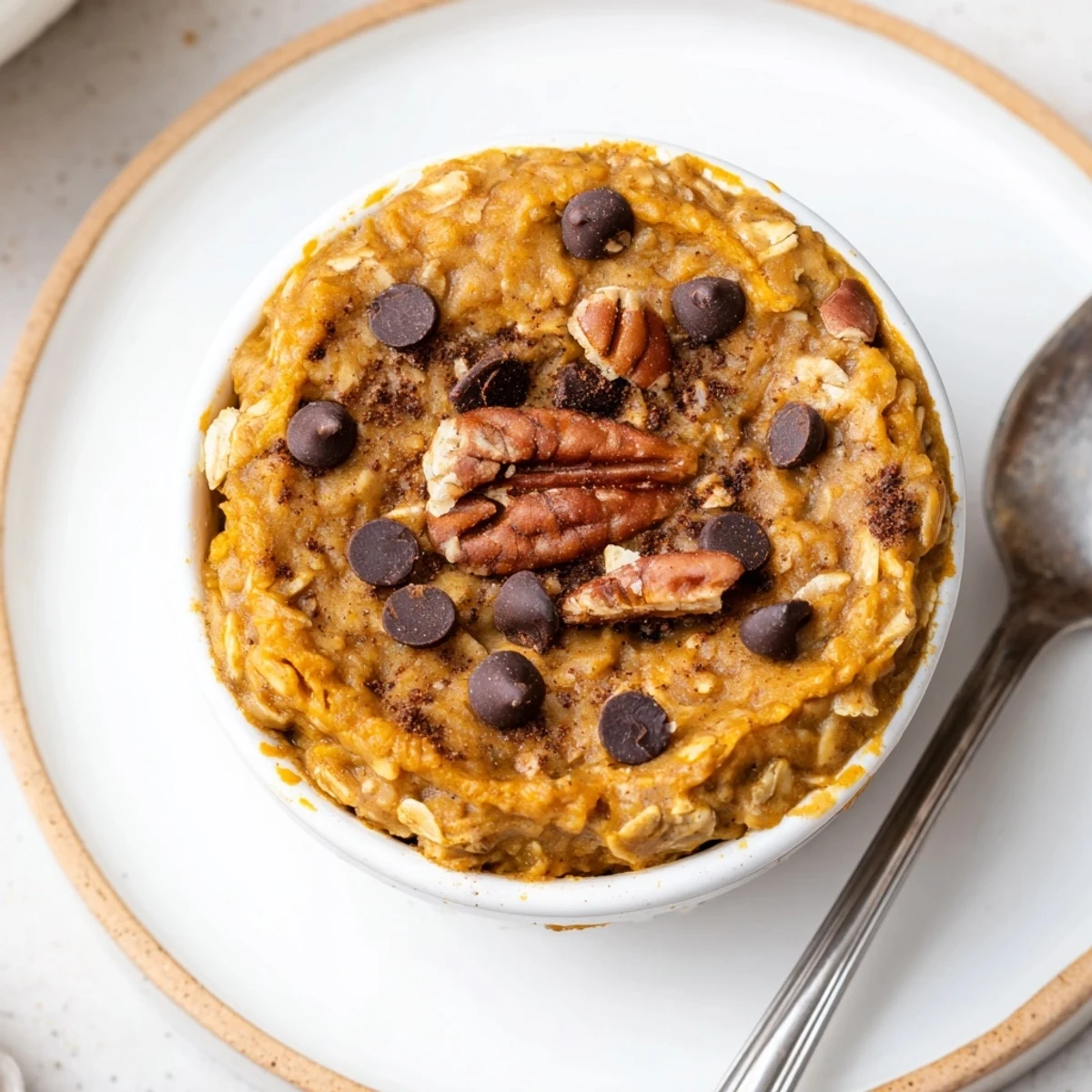 Golden baked Pumpkin Spice Baked Oats, speckled with nuts—a comforting fall breakfast ready to serve.