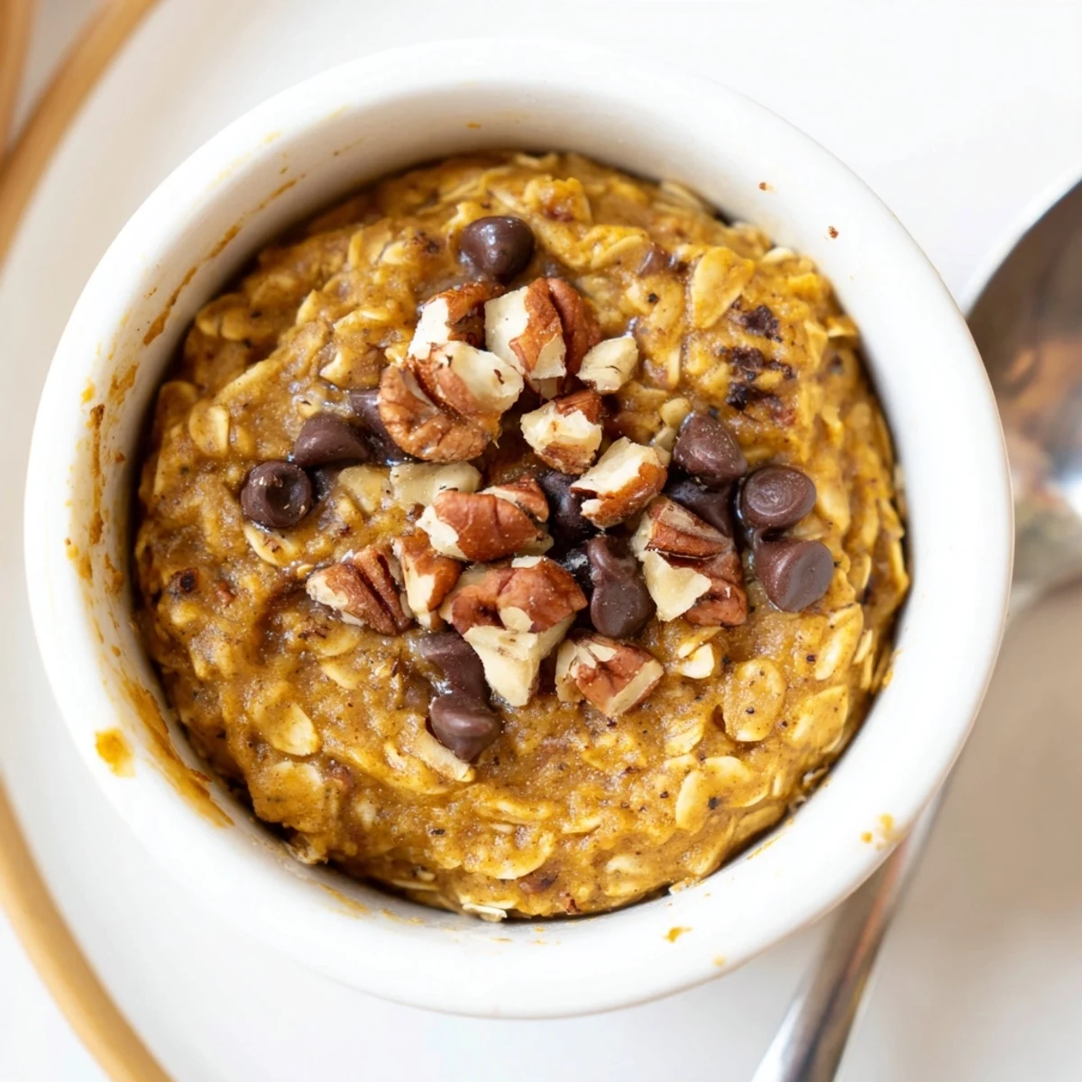 Fluffy, warm Pumpkin Spice Baked Oats, presented in a small ramekin with a drizzle of maple syrup.