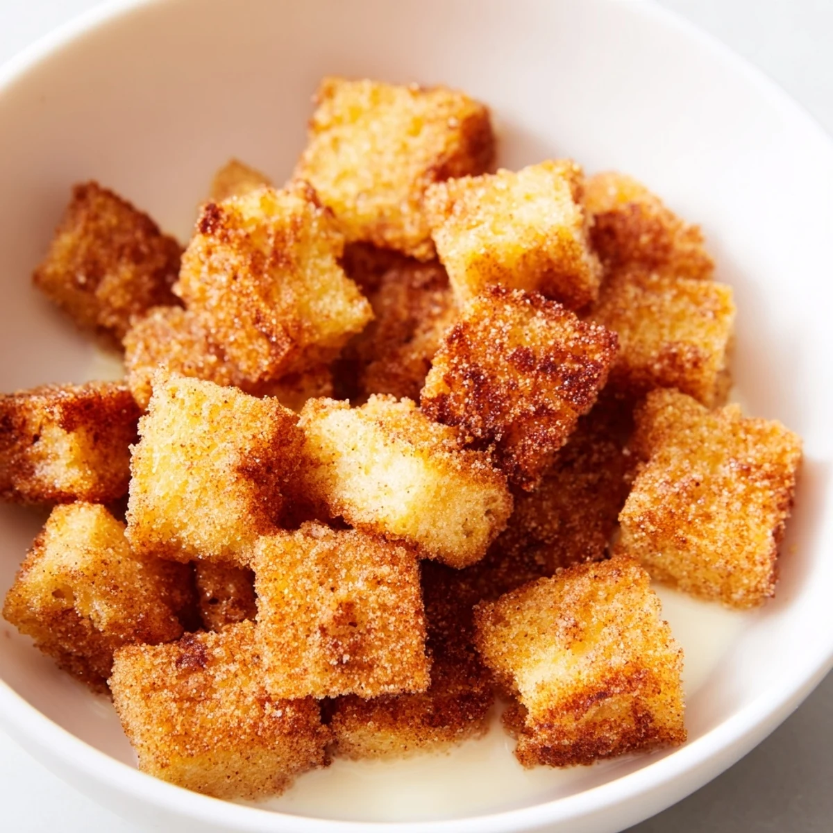 Golden, crispy French Toast Cereal in a bowl, perfect for a quick and satisfying breakfast with milk.