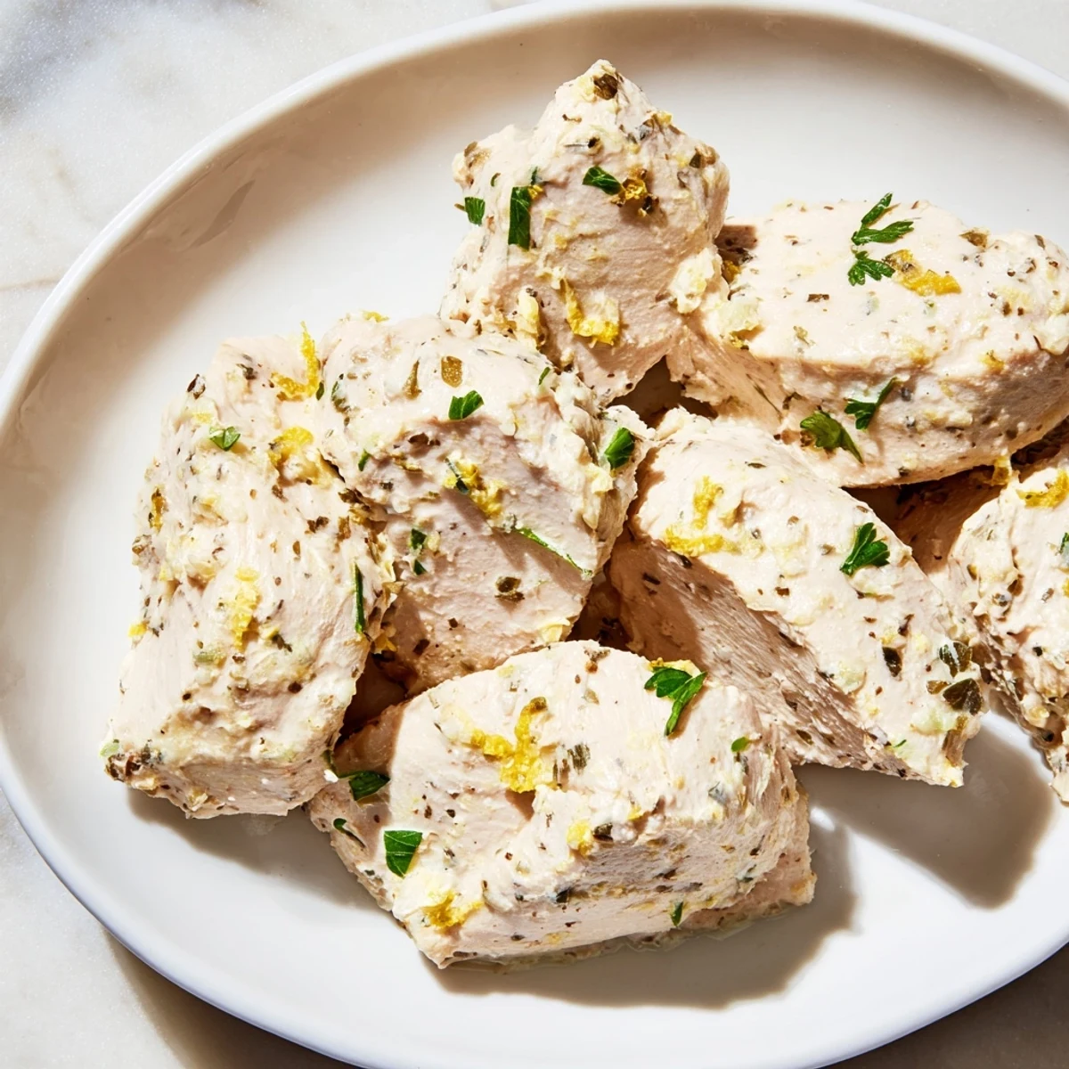 Golden brown Greek Yogurt Chicken, juicy and tender, ready to serve with fresh parsley and lemon.