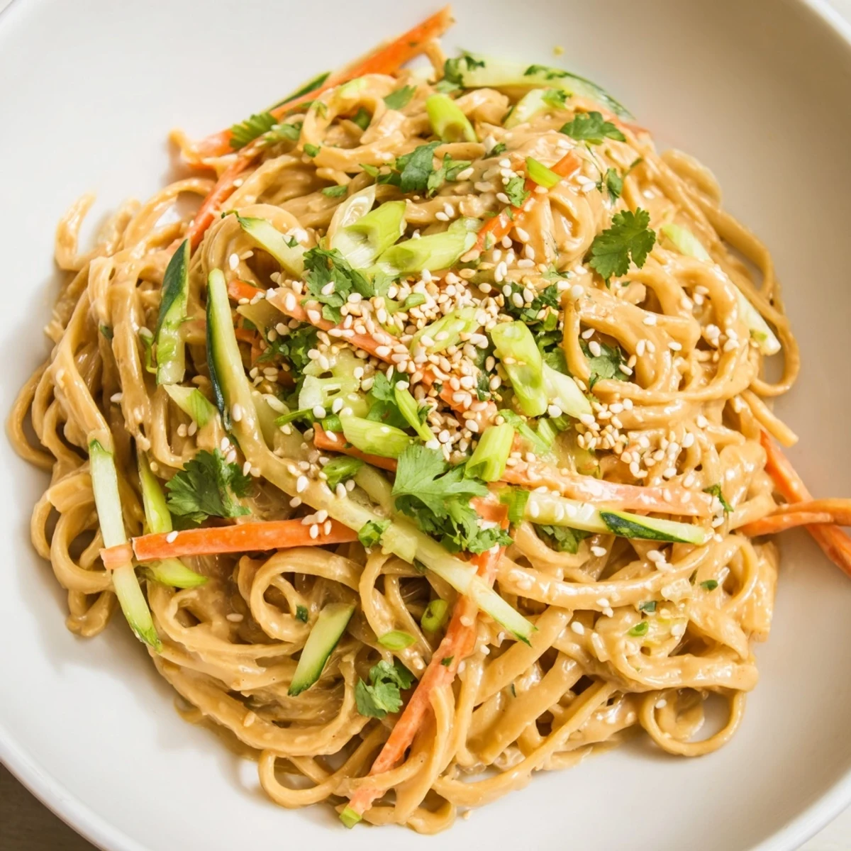Enjoy cold sesame noodles: savory, cool noodles coated in a rich peanut sauce, perfect for lunch.