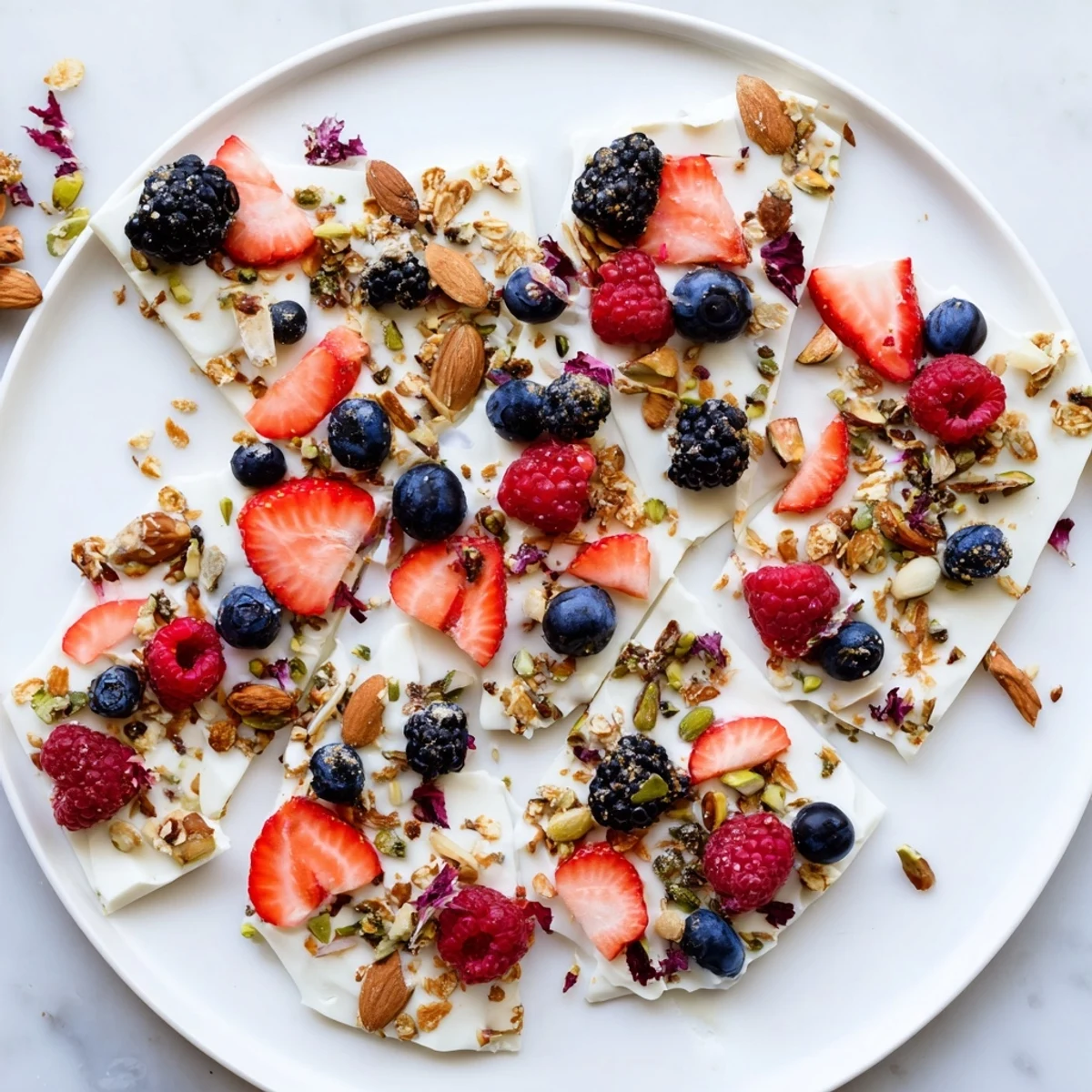 Cool, refreshing Frozen Fruit Yogurt Bark pieces, studded with berries and crunchy granola topping.