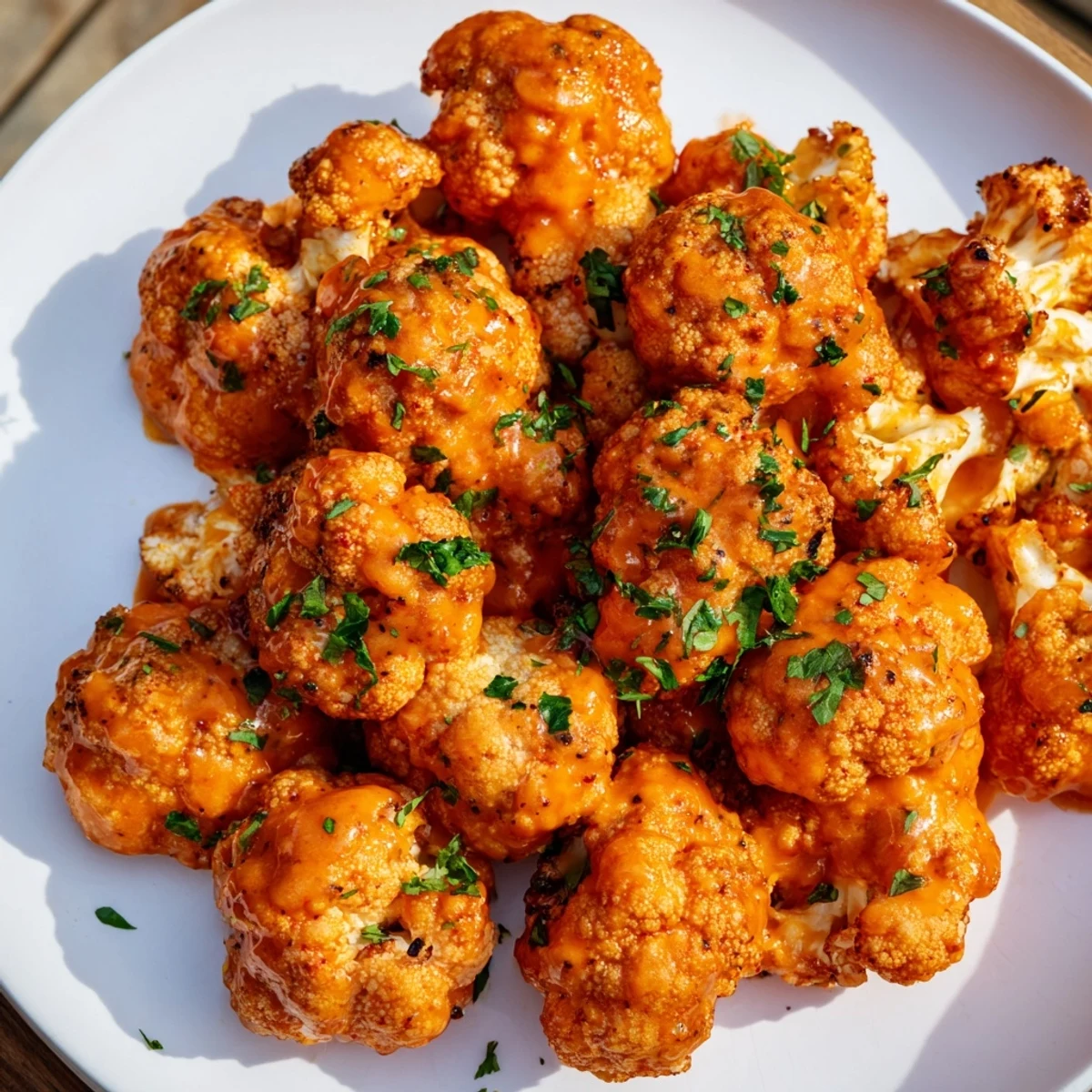 Golden, crispy Buffalo Cauliflower Bites ready to serve, a flavorful appetizer for game day.
