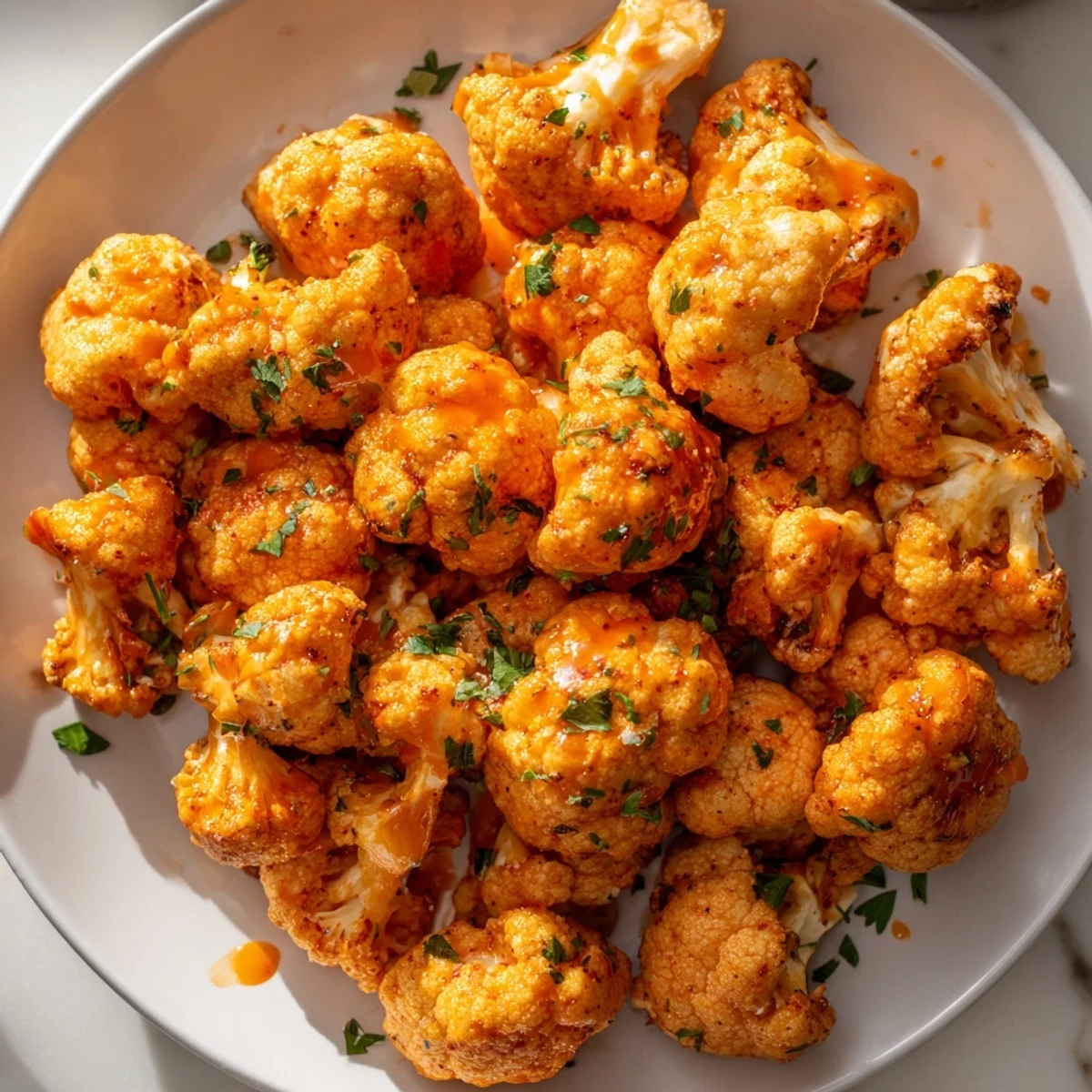 Close-up of baked Buffalo Cauliflower Bites, glistening with sauce and perfect for sharing.