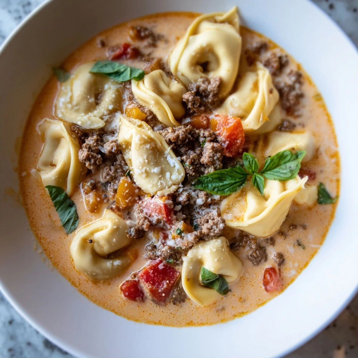 A steaming bowl of Tortellini Beef Soup, garnished with Parmesan and fresh basil, inviting.