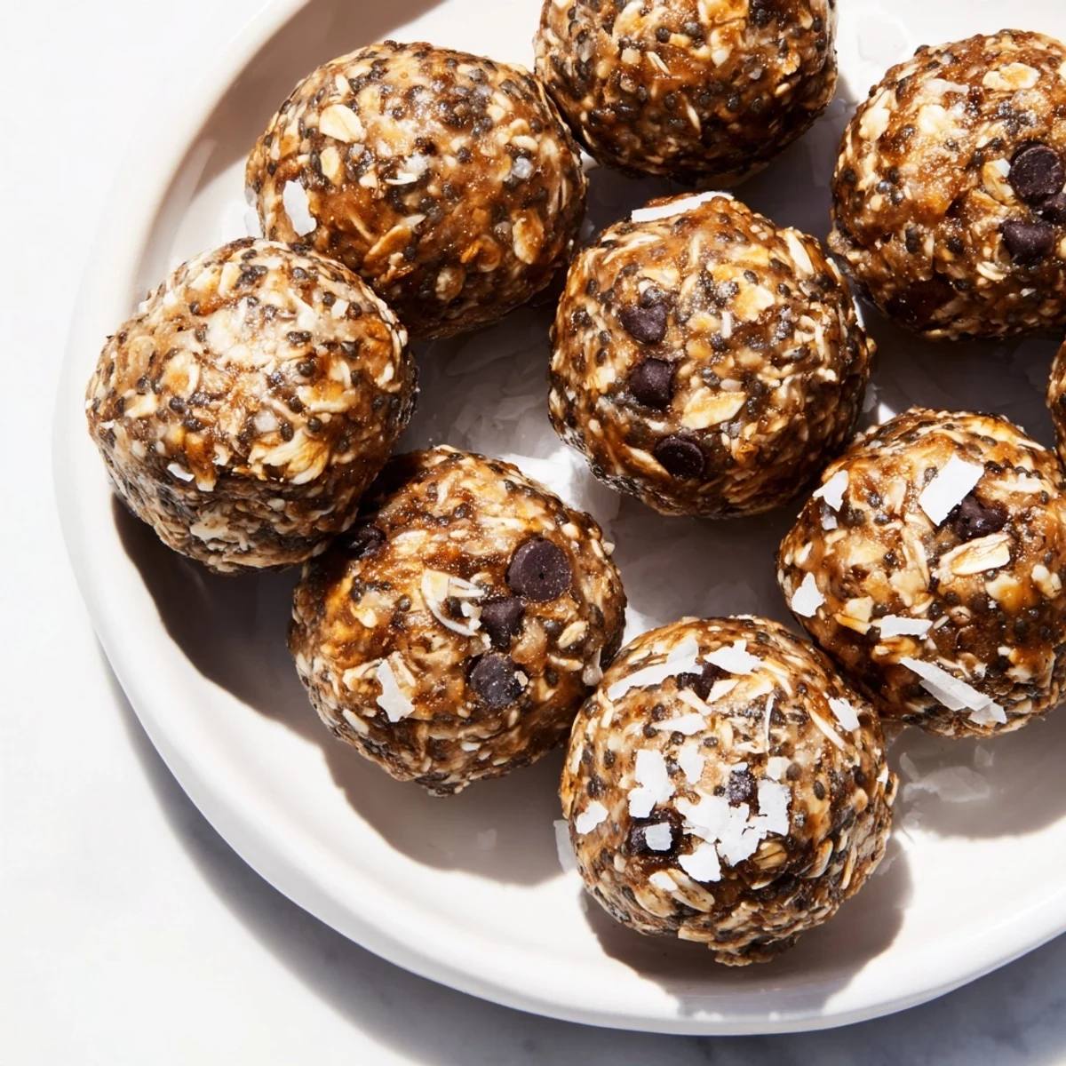 Chewy Almond-Chia Energy Bites ready to eat, boasting chocolate chips and a healthy snack.