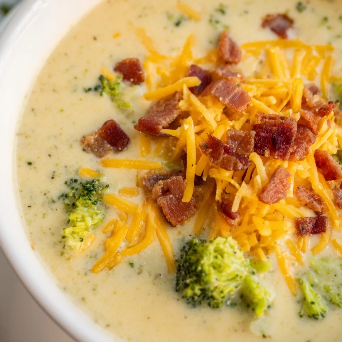 Thick, creamy Broccoli Cheddar Soup, garnished with crispy bacon and extra cheese, ready to eat.