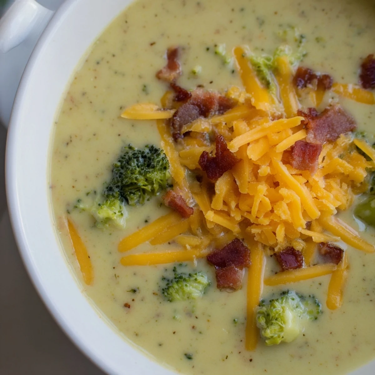 A visually appealing bowl of Broccoli Cheddar Soup, paired with golden, buttery toasted bread for dipping.