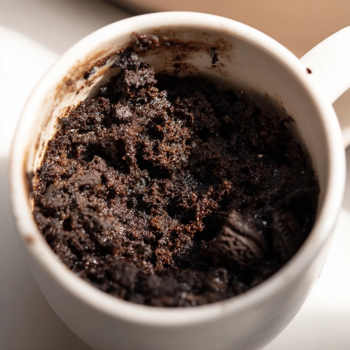 Warm, gooey Oreo Mug Cake with a fluffy texture, perfect for a quick, chocolate treat.