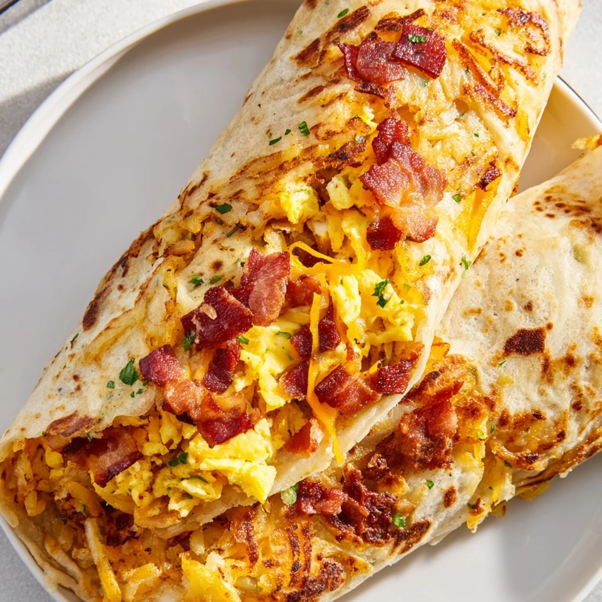 A close-up shot of savory B.E.C. Breakfast Bites, showing the tasty filling in homemade tortillas.