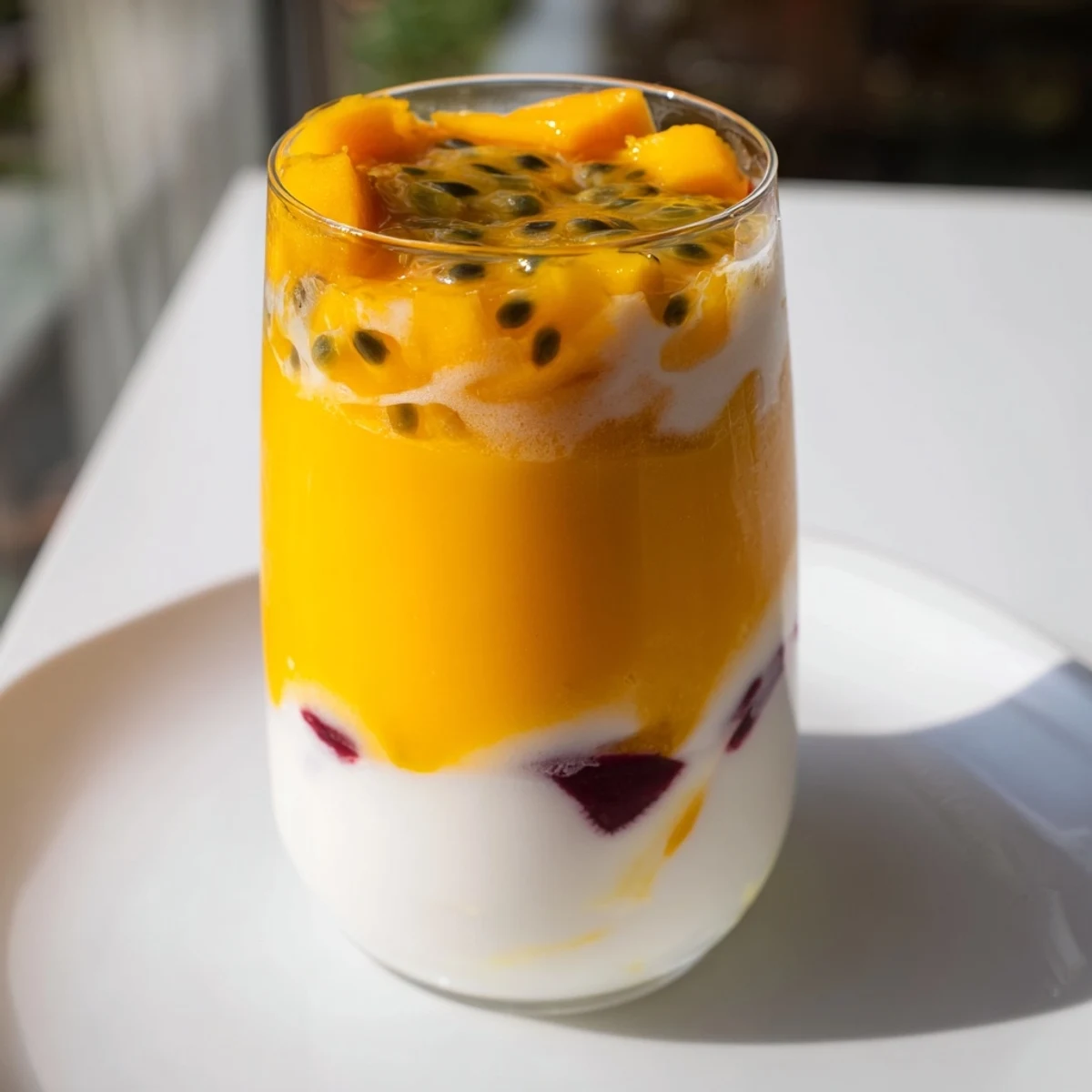 Refreshing Tropical Sunset Smoothie, with creamy yogurt layers and vibrant tropical fruit flavors, perfect for summer.