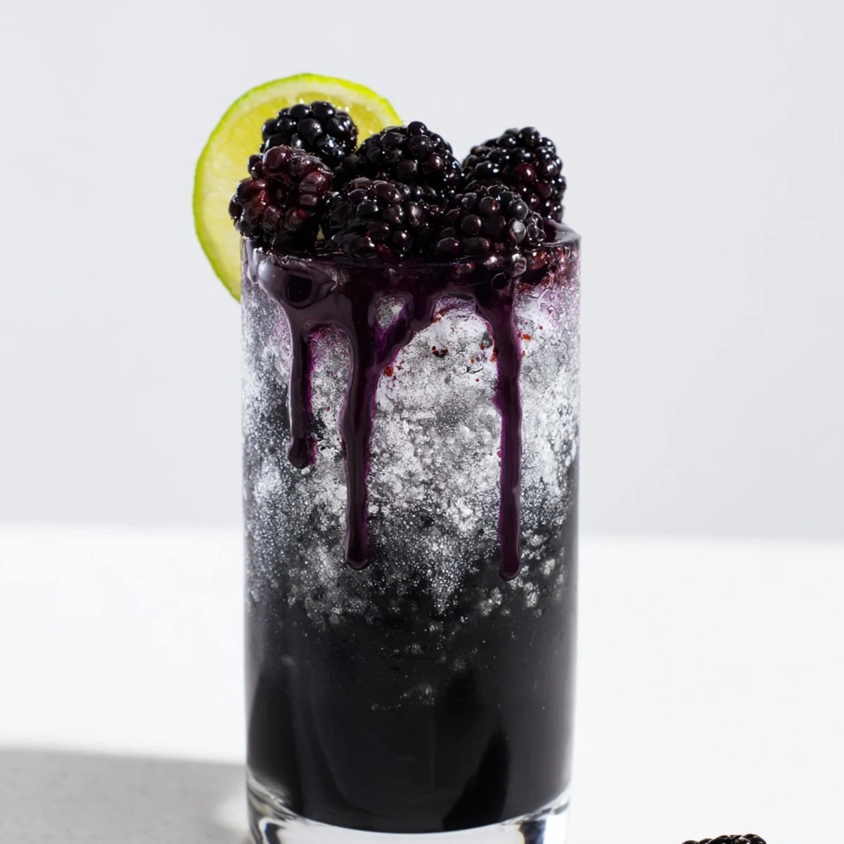 A layered Dark Matter Mocktail, jet-black drink swirled with deep purple, ready to sip and enjoy.
