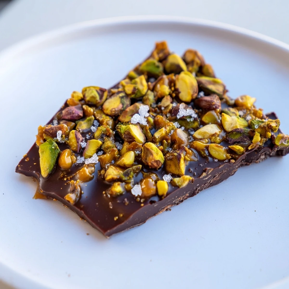Decadent Pistachio Salted Caramel Bark, shimmering with flaky sea salt, ready to break and enjoy.