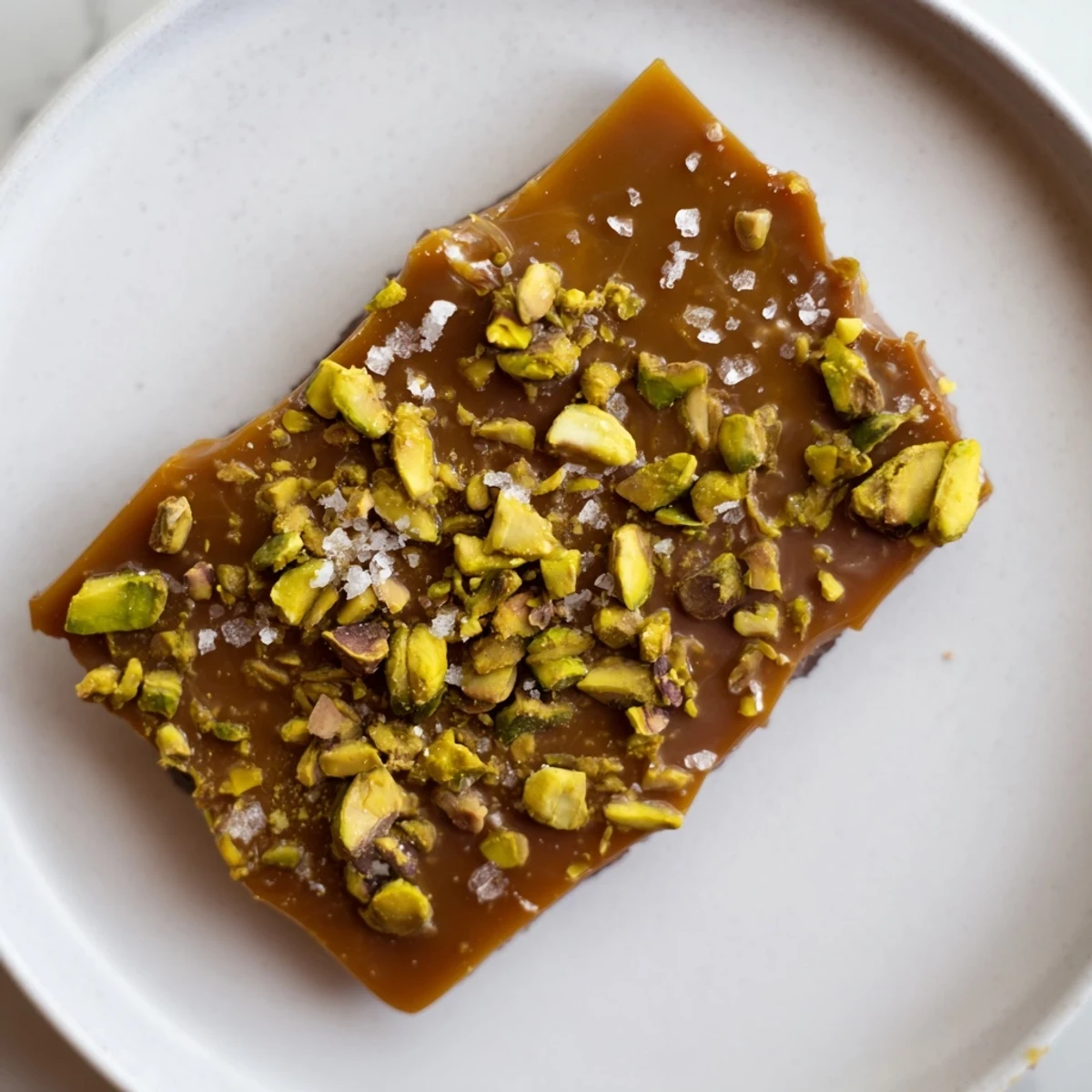 Golden caramel contrasts with dark chocolate in this easy Pistachio Salted Caramel Bark dessert.