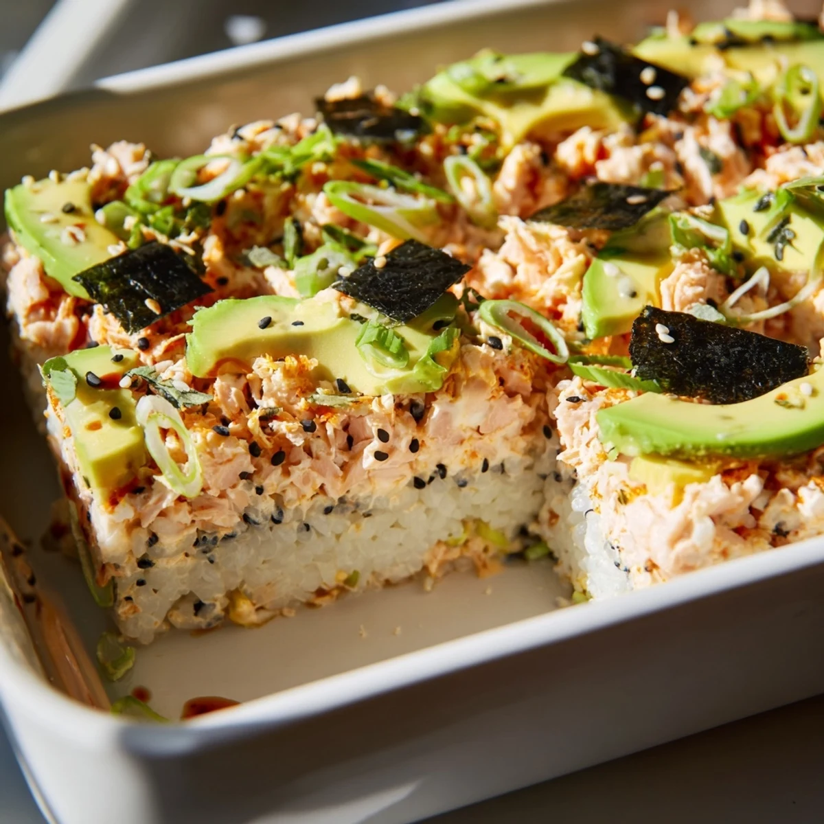Finished Sushi Bake Casserole, topped with avocado, sesame seeds, and golden, baked salmon.